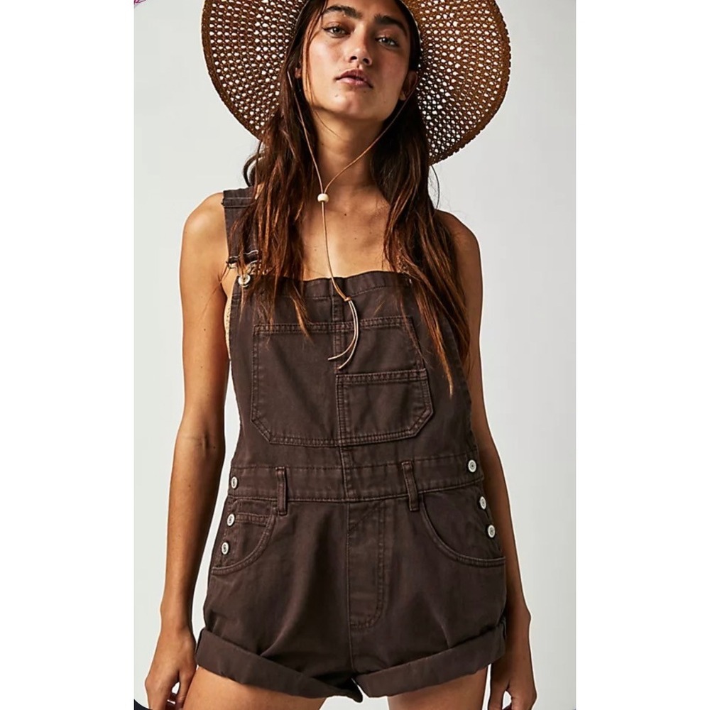 We The Free Ziggy Free People Brown Cotton Short Overalls Shortalls Size M